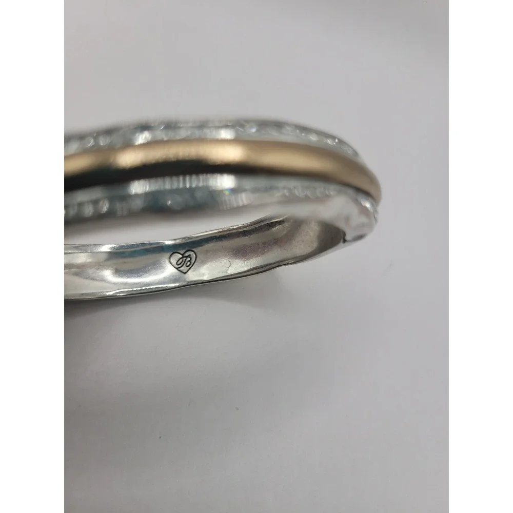 Brighton Two Tone Gold Silver Crystal Hinged Bangle Bracelet Signed